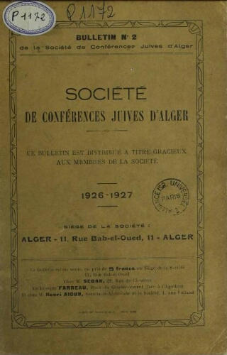 Bulletin de la Société de conférences juives d’Alger N°2 (1926-1927)